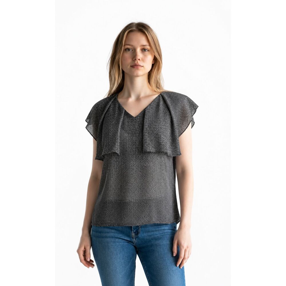 Anthropologie Daniel Rainn Polka Dot Ruffle Blouse Black White Feminine Top S